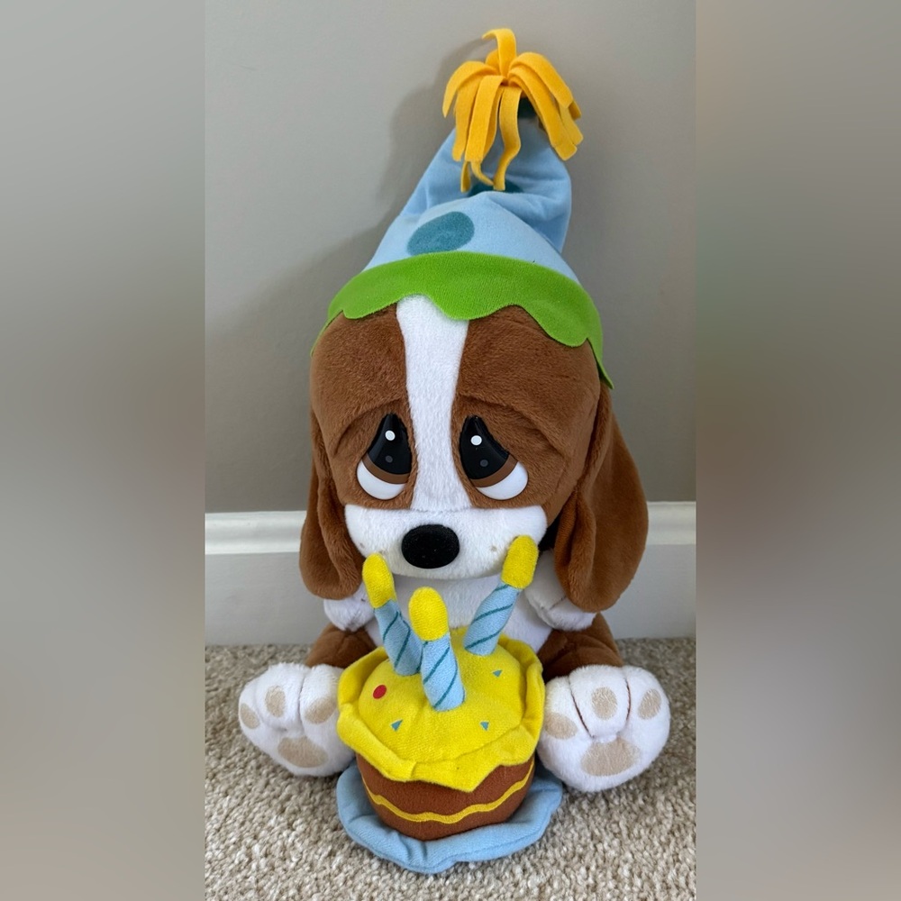 Sad Sam Plush Dog In Party Har With Cake Musical Happy Birthday Song EUC